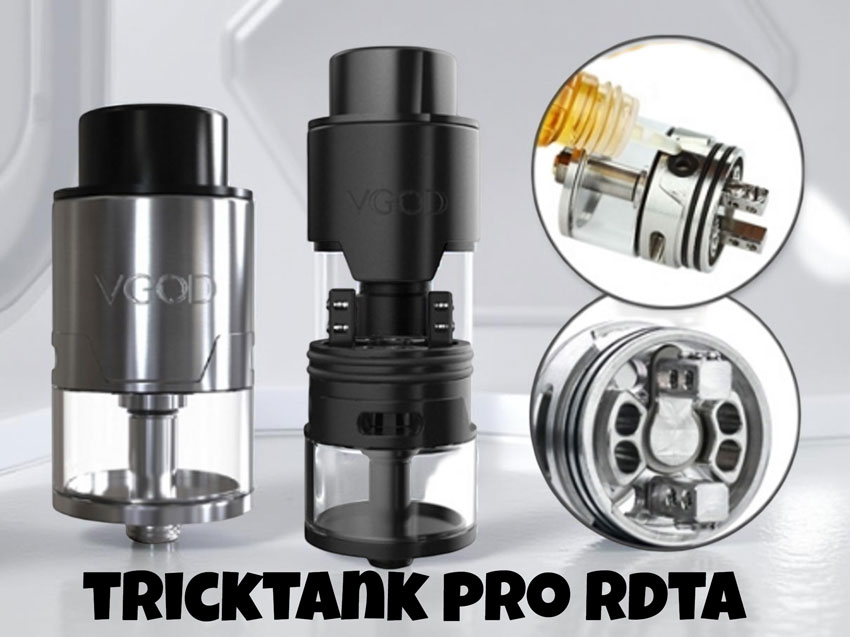 The TrickTank Pro RDTA build deck, showing the dual-post Velocity system and the adjacent side fill port.