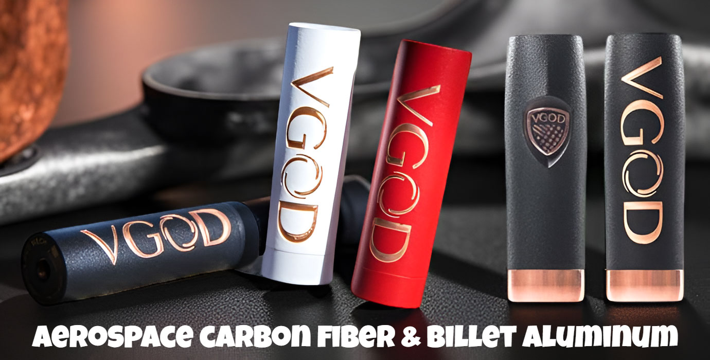 The VGOD Pro Mech Mod features high-conductivity Billet Copper construction paired with the aerospace-grade Carbon Fiber exterior for durability and premium feel."