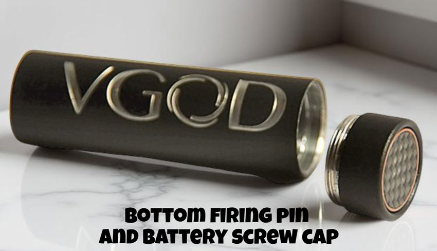 Bottom view of the VGOD Pro Mech Mod, showing the gold plated, self-adjusting firing pin and the five battery ventilation holes on the screw cap.