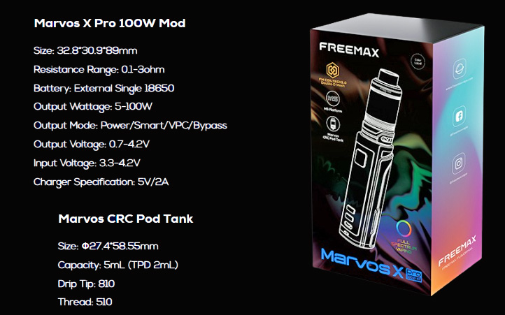 Freemax Marvos X Pro Kit Specificatons & Package