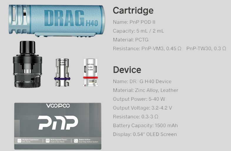 Voopoo Drag H40 Pod System Specifications & Package Contents