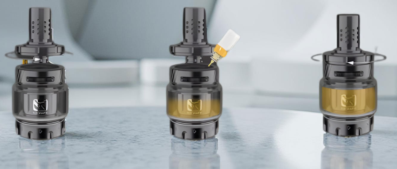 A three-part instructional graphic for the BD Vape Precisio Sub-Ohm Tank Blaster Edition. The first panel shows the top cap being rotated a quarter turn to unlock. The second panel displays an e-liquid bottle tip inserted into one of the wide side-fill ports. The final panel shows the cap being pressed down and locked back into place.