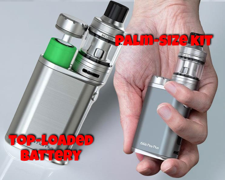 Ultra-compact power: A side view of the Eleaf iStick Pico Plus mod, highlighting its palm-sized dimensions (70.6mm height) and the unique, knurled top-loaded cap, which provides easy, tool-free access to the interchangeable 18650 battery.