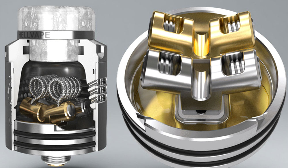 Close-up top view of the disassembled Hellvape Dead Rabbit 3 RDA build deck, showing the spacious dual-coil post-less deck with large coil leg terminals and the substantial, leak-resistant 5mm deep juice well.