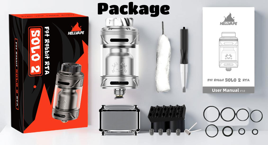 All contents of the Hellvape Fat Rabbit Solo 2 RTA package, including the RTA, 0.37ohm Ni80 coil, bubble glass, cotton, and coil cutting tool.