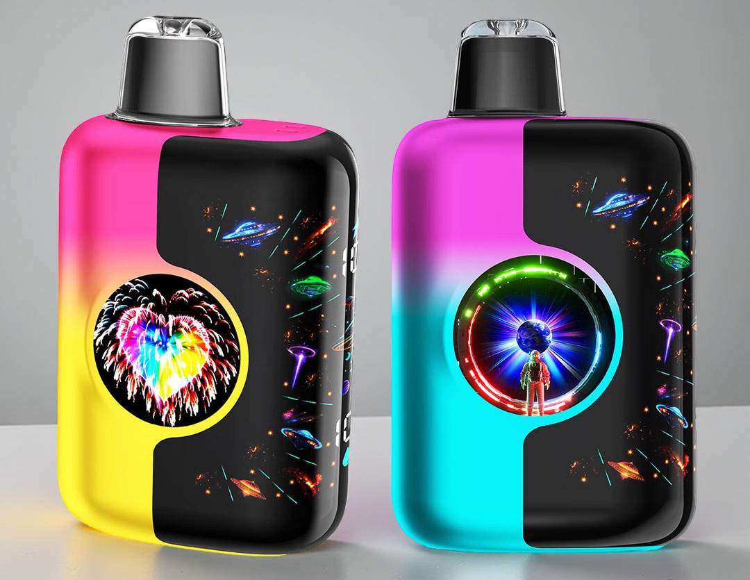 Front view of the Kangvape Speedy Beast disposable vape, showing the innovative dual dynamic screens which clearly display the e-juice capacity remaining, the battery charge level, and the current vape mode.