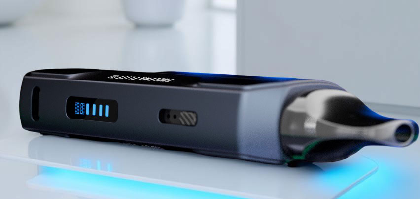 A close-up view of the Lost Vape Thelema Elite S Kit, highlighting the vibrant OLED screen displaying the battery reminder bars. The sleek chassis houses a 1400mAh battery, with a visible USB-C charging port located at the base