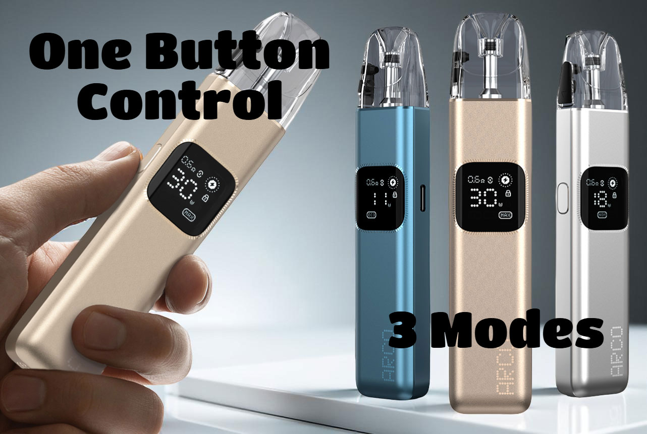 SMOK Arco Digi Kit control panel illustrating the simple one-button operation for power on/off (5 clicks), power level changes (2 clicks), and locking the device (3 clicks), alongside the display showing the three distinct vaping modes: ECO, NOM, and MAX.