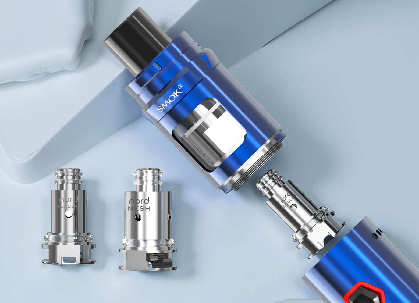 A split-view product demonstration of the Smok Nord AIO 22 coilheads. On the left, the two included coils are shown: the 0.6-ohm Mesh coil and the 1.4-ohm Regular coil, both standing upright. On the right, a detailed view of the installation method shows how to press a coil into the base of the tank, highlighting the simplified threadless method.