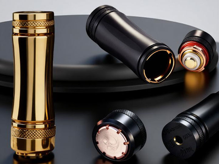 Collage of the Timesvape Heavy Hitter mechanical mod, highlighting the quarter-turn locking mechanism on the bottom switch and the internal floating battery adjustment system designed for enhanced safety and to eliminate battery rattle.