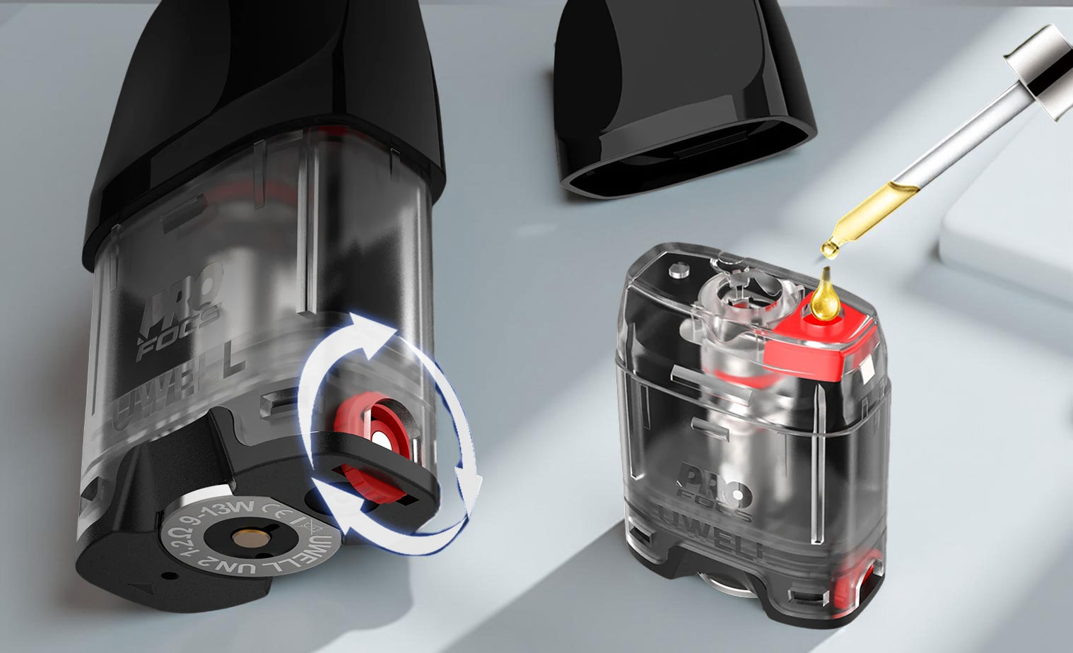 Uwell Caliburn G2 pod showing the adjustable airflow wheel and the top-fill port exposed by removing the mouthpiece