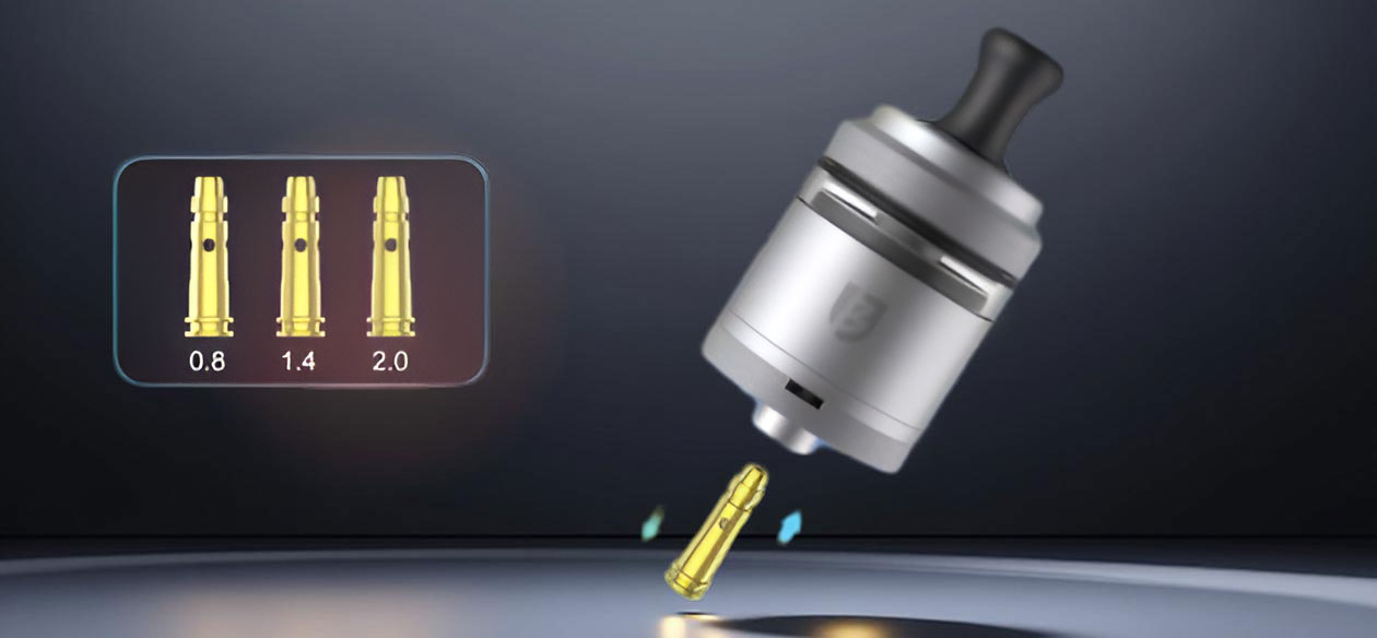 A detailed view of the Vandy Vape B3 (Berserker V3) base and its set of interchangeable airflow pins. One gold-plated pin is shown being inserted directly into the center of the 510 threading at the bottom of the RTA. The other pins, featuring different internal diameters (0.8mm, 1.2mm, 1.4mm, and 2.0mm), are laid out to show the variation in the airflow intake holes.