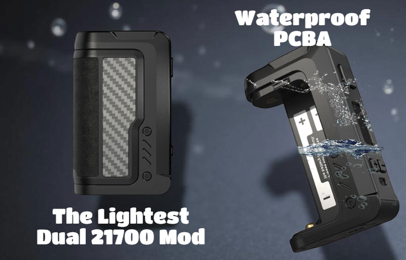 Vandy Vape Gaur-21 200W Mod, demonstrating its extremely lightweight dual-21700 design and the waterproof circuit board which offers superior durability and protection against e-liquid and dust.