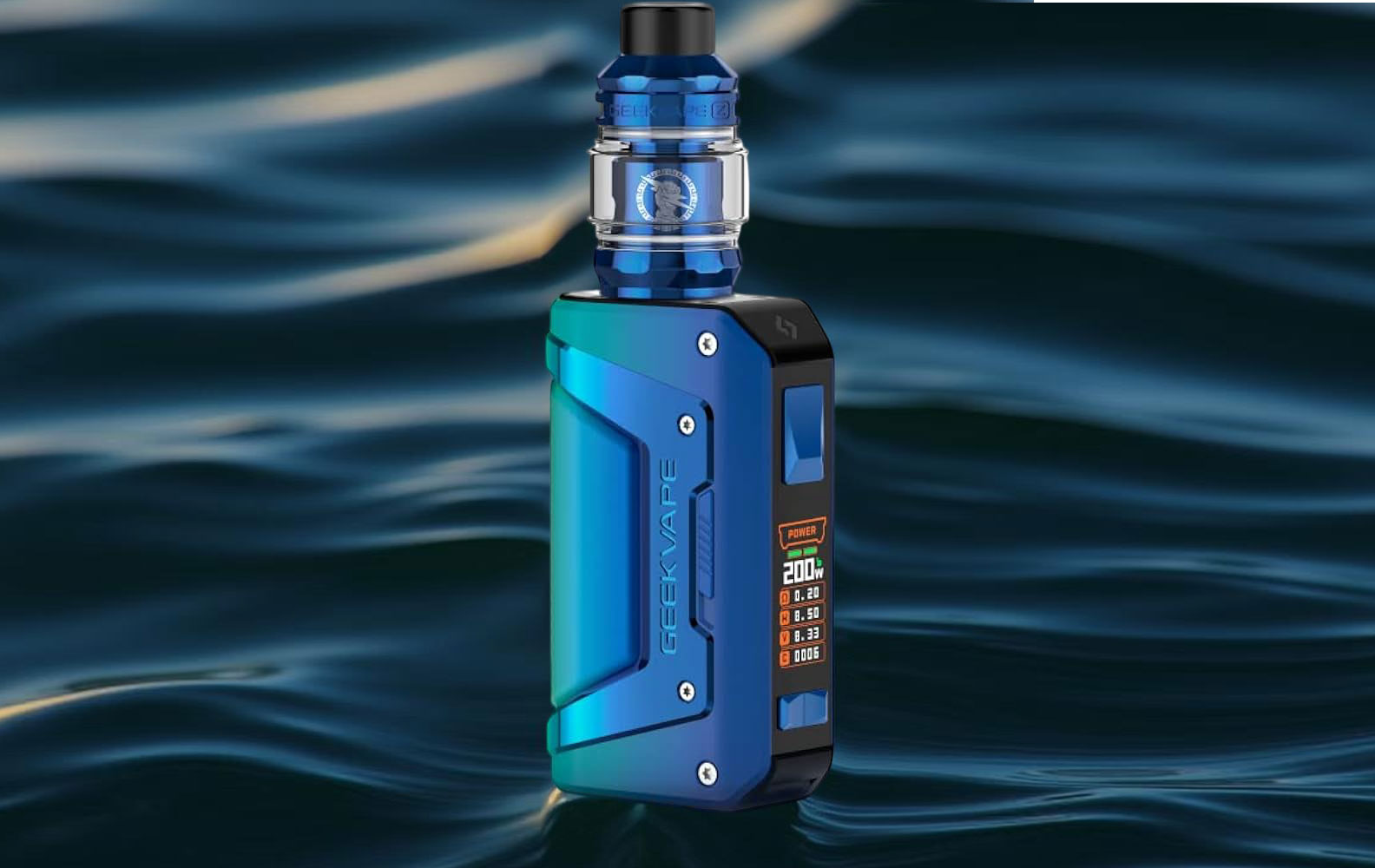 Geekvape Aegis Legend 3 device being submerged in water and dropped onto a hard surface, demonstrating its extreme durability and protection against water by its certified IP68 rating.