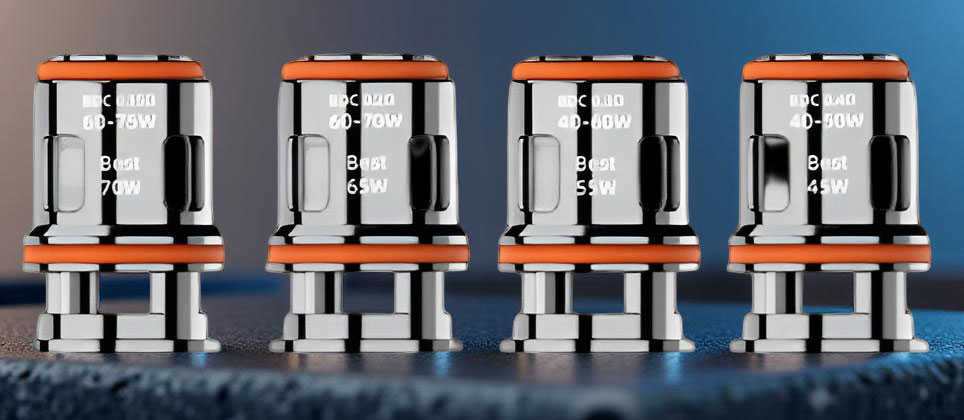 all four BD Vape BDC Mesh coil options for the Precisio Sub-Ohm Blaster Edition. Each cylindrical stainless steel coil is clearly laser-engraved with its resistance—0.15Ω, 0.2Ω, 0.3Ω, and 0.4Ω—alongside their recommended wattage ranges, highlighting the full performance lineup