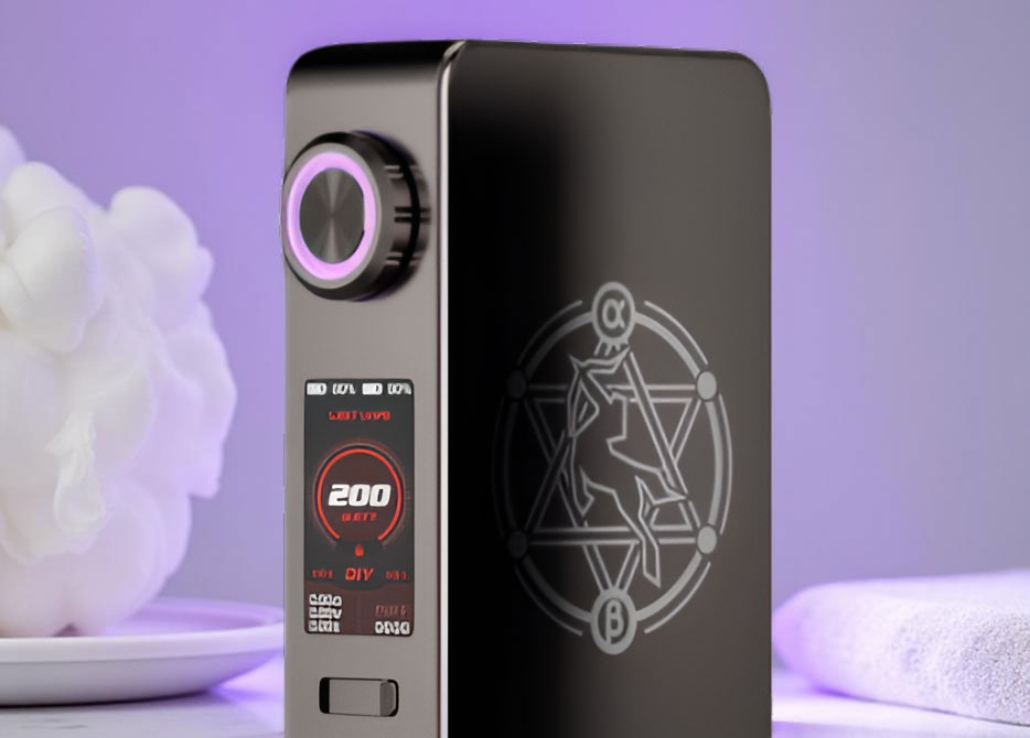 A professional macro close-up of the front control panel on the Lost Vape Centaurus M200 mod. The image focuses on the signature 3-in-1 jog dial, a large circular knurled metal button located above the OLED screen. The dial features a 360-degree rotating outer bezel for wattage adjustment and a center-mounted firing button. A thin, circular LED ring glows around the perimeter of the dial, indicating the battery level.