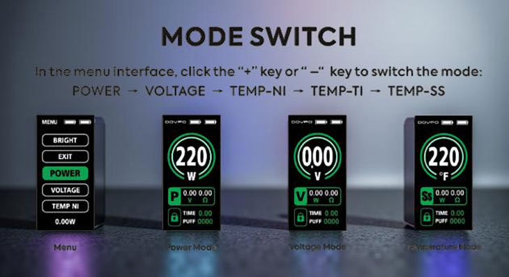 A four-panel composite image showcasing the Dovpo MVP 220W TFT display screens: the Main Menu list, Power Mode interface, Voltage Mode settings, and Temperature Control mode.