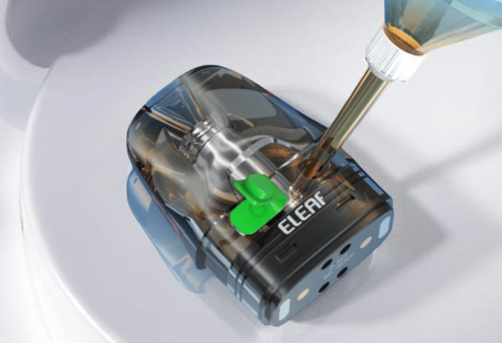 A close-up instructional shot of the Eleaf iCita pod being refilled. The image shows the transparent 3ml pod with its side-fill silicone plug pulled back. The tip of a juice bottle is inserted into the port, demonstrating the simplified process of refilling.