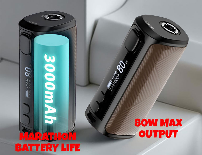 The Eleaf iStick i80 mod showcasing its integrated 3000mAh battery for extended vaping times and its powerful 80 watt maximum output.