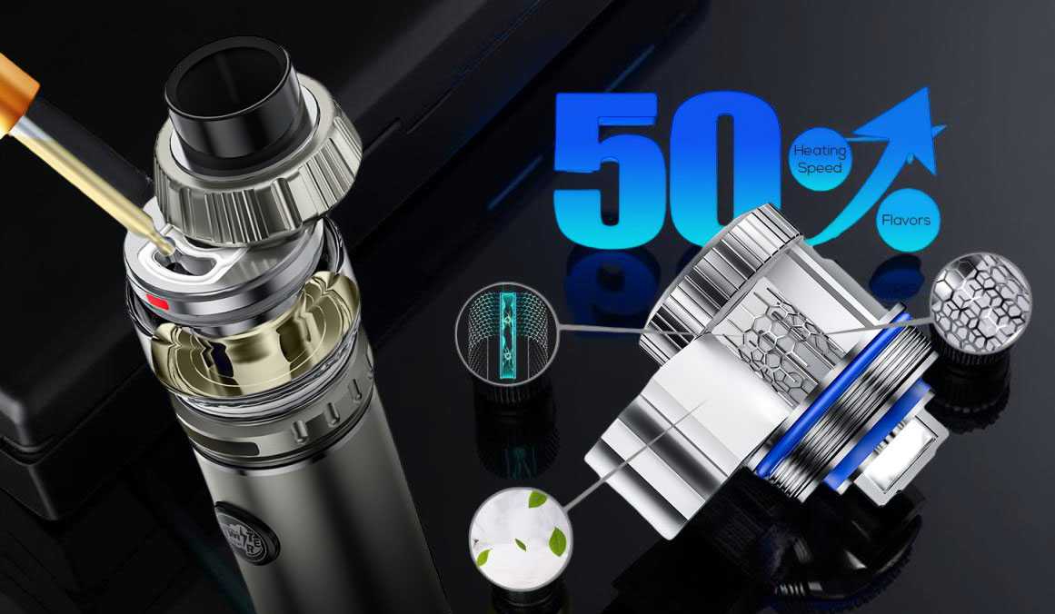 A detailed view of the Fireluke 4 Tank, showcasing the 5ml bubble glass reservoir filled with e-liquid. The top cap is slid open to reveal the protected filling port. In a side-by-side comparison, an FM Coiltech 5.0 mesh coil is shown with its intricate diamond-mesh heating element and military-grade tea fiber cotton, designed for rapid, even heat distribution.