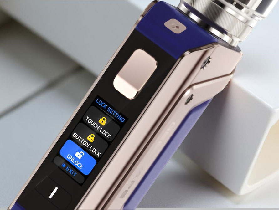 Close-up of the Geekvape Aegis Legend 3 Smart Lock system on the leather grip, showing the device automatically unlocked via palm recognition technology. Features three lock modes: Touch Lock, Button Lock, and Unlock Mode.