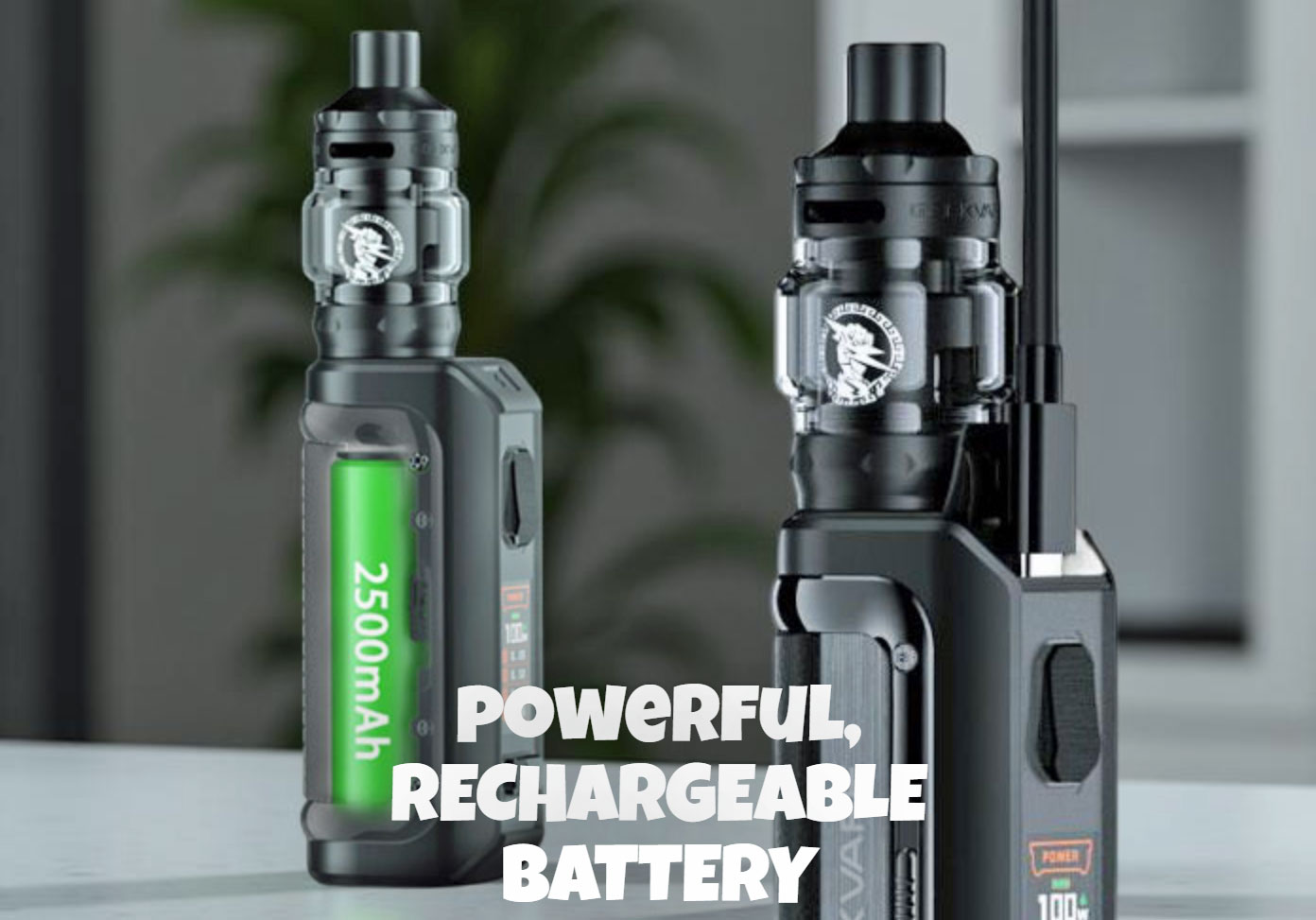 Close up of the GeekVape M100 Aegis Mini 2 mod showing the protected USB-C charging port and highlighting the 2500mAh internal battery capacity.