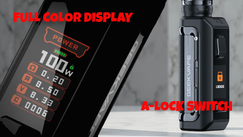 The GeekVape M100 Aegis Mini 2 mod showing the physical A-Lock switch and the large 1.08 inch full-screen display with the updated user interface