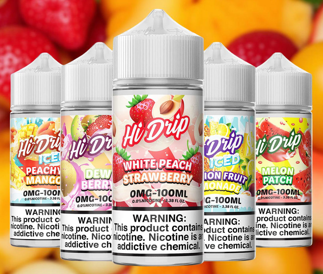 Hi-Drip e-liquid bottles showing five complex fruit flavors: Peachy Mango, Dew Berry, Passion Fruit Lemonade, Melon Patch, and White Peach Strawberry.