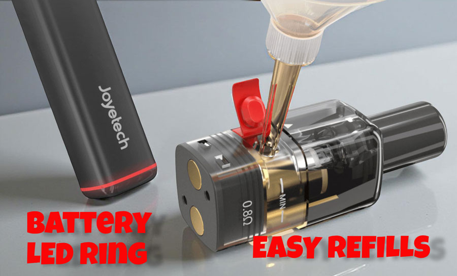 The Joyetech eGo Easy Kit displaying its signature battery life indicator, a vibrant LED light ring located at the base of the device, alongside an exploded view highlighting the simple, accessible pod refill method