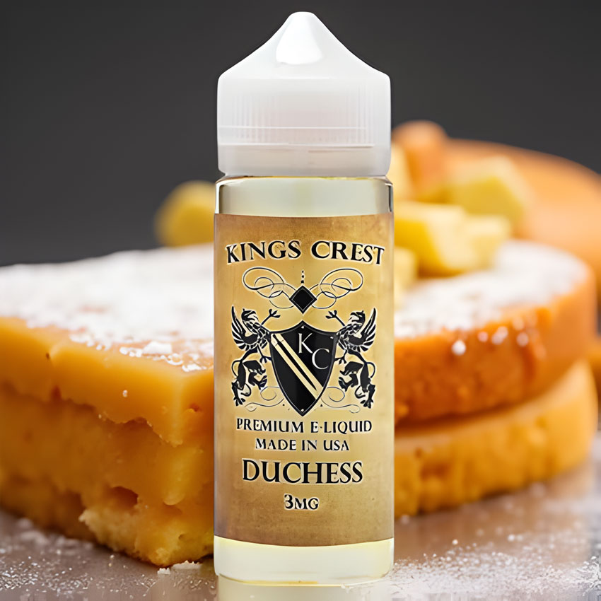 A bottle of Duchess e-liquid, showcasing the label and clear e-liquid, with an implied flavor profile of creamy dessert and cake notes.