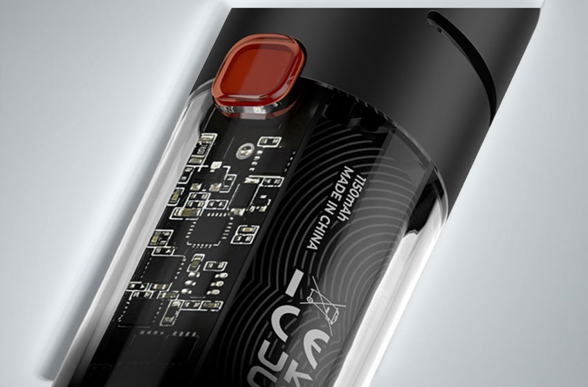 A macro closeup of the MOTI X Mini’s internal circuit board, visible through its translucent outer shell.