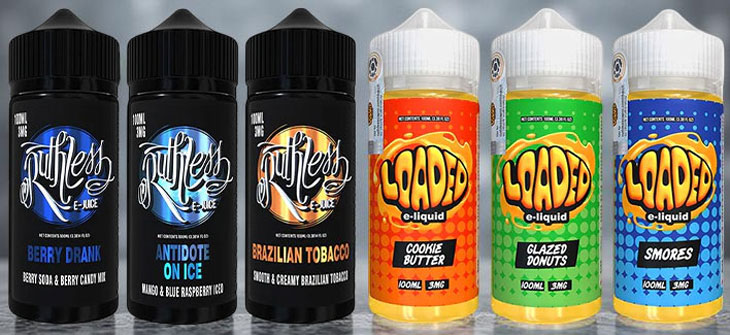 Side-by-side product display of several bottles from the Ruthless E-Liquid line and the Loaded E-Liquid line. The image contrasts the distinct branding styles, highlighting Ruthless's complex, often fruit-based packaging and Loaded's dessert-focused branding.