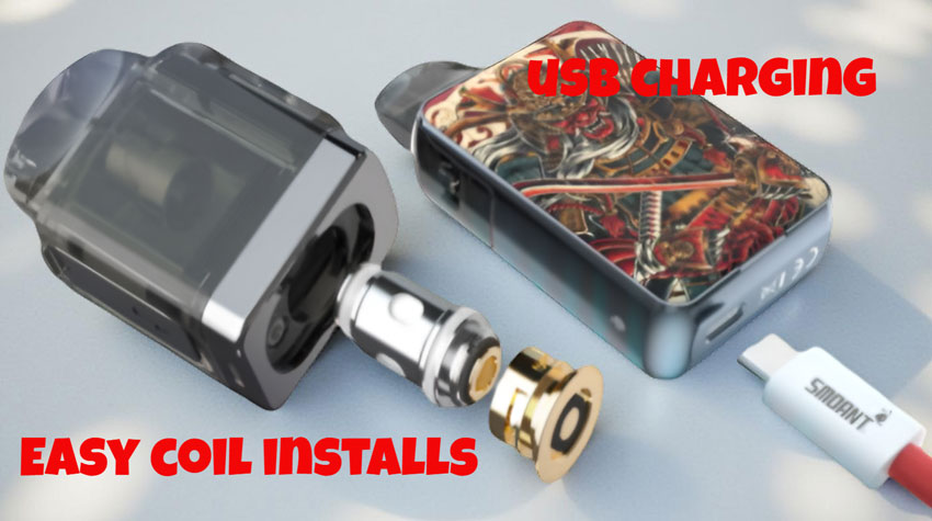 Simplified maintenance: An exploded view of the Smoant Charon Baby Plus showing the quick, press-fit coil replacement and the convenient USB Type-C port for rapid charging.