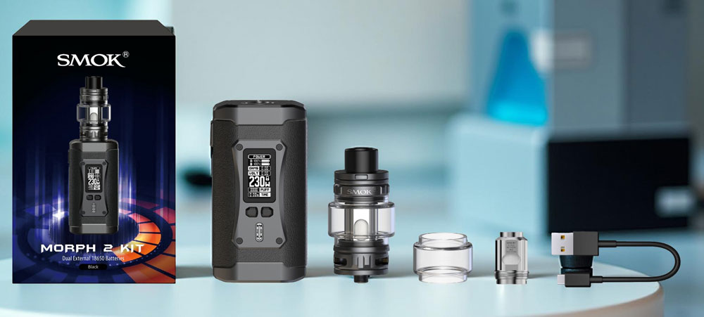 he complete package contents of the SMOK Morph 2 Kit, including the Morph 2 Mod, the TFV18 Tank, two mesh coils, a replacement glass, and a USB-C cable.