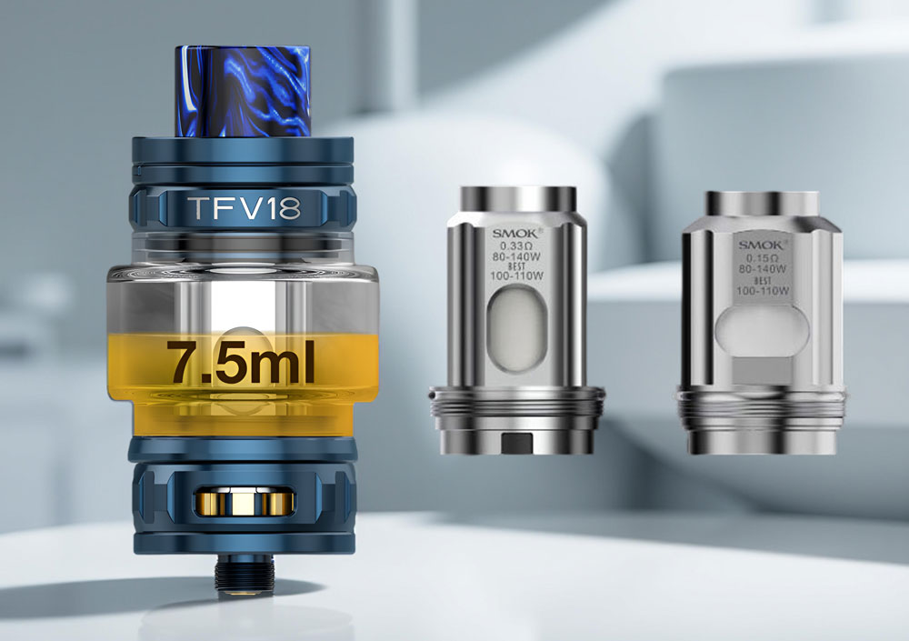 The SMOK TFV18 sub-ohm tank with a 7.5mL bulb glass, displayed alongside the included 0.33Ω single mesh and 0.15Ω dual mesh coils, highlighting the hardware for high-wattage performance.