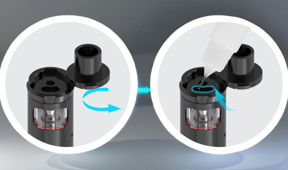 A two-panel instructional image for the Smok Nord AIO 22 refilling system. The left panel demonstrates the child-resistant swivel mechanism, showing the top cap rotated to the side. The right panel shows a needle-tip e-liquid bottle injecting juice into the now-exposed fill port, highlighting the simplified, top-access reload process.
