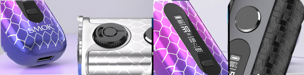 A four-panel technical grid of the SMOK Novo 5 highlighting its key hardware interfaces. The left tile displays the Type-C charging port, engineered for simplified power recovery. The 2nd tile focuses on the stepless air-inlet ring, which allows you to master your draw resistance with a simple twist. The third tile shows the crisp 0.69-inch OLED screen displaying real-time wattage and battery data. The right tile features the tactile power button, used for both firing the device and making precise wattage adjustments.