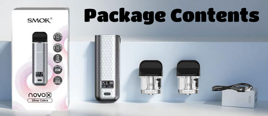 SMOK Novo X kit package contents, showing the main Novo X device, the two included pods (0.8ohm Meshed Pod and 0.8ohm DC MTL Pod), the USB charging cable, and the user manual.