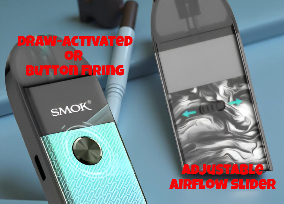 Customizable operation: The SMOK Pozz Pro mod highlighting the option for either button-fire or draw-activated firing methods, alongside the finely-tuned, four-level adjustable airflow slider for precise control over the draw.