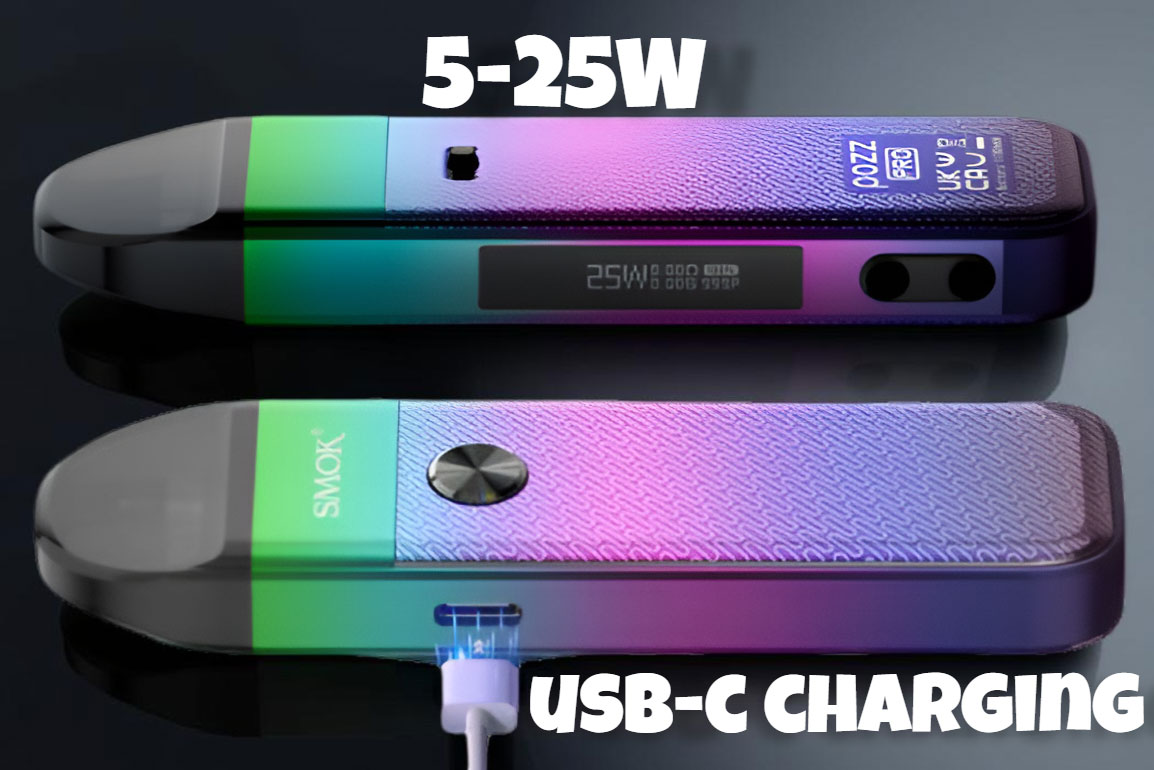 The SMOK Pozz Pro device showcasing its 5W to 25W adjustable wattage range for tailored output, the internal 1100mAh battery for all-day use, and the efficient USB Type-C charging port.
