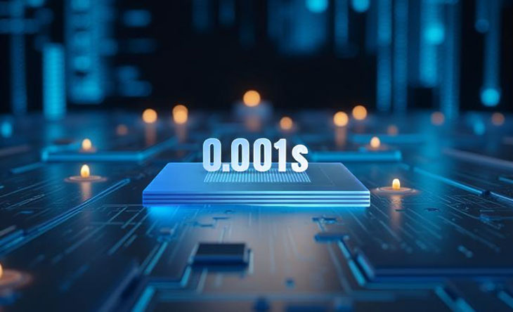 A technical graphic showing the internal chipset of the Smok Rigel Box Mod. The background features a high-tech circuit board design with glowing blue and white accents. Prominently centered in the foreground is the text "0.001s" in a bold, digital font, accompanied by a stylized lightning bolt icon to represent the ultra-fast ignition speed.