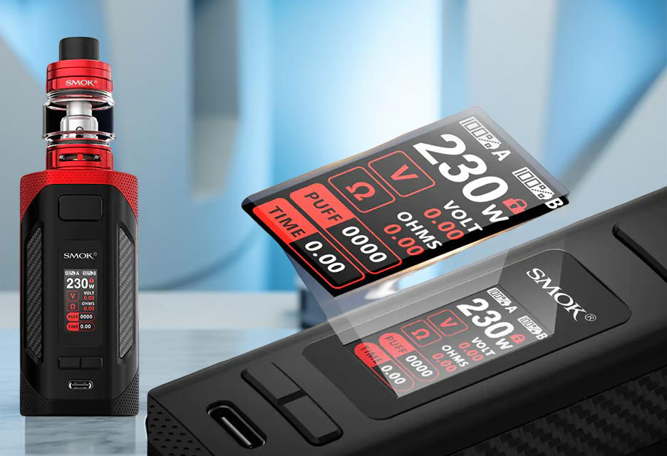 A two-part horizontal composite image of the Smok Rigel Box Mod. The left panel shows a full frontal view of the device, showcasing its ergonomic rectangular chassis and the honeycomb rubberized grip. The right panel is a tight macro close-up of the 0.96-inch TFT color display, clearly showing the 230W power setting, dual battery indicators, puff counter, and voltage data against a vibrant blue UI theme.
