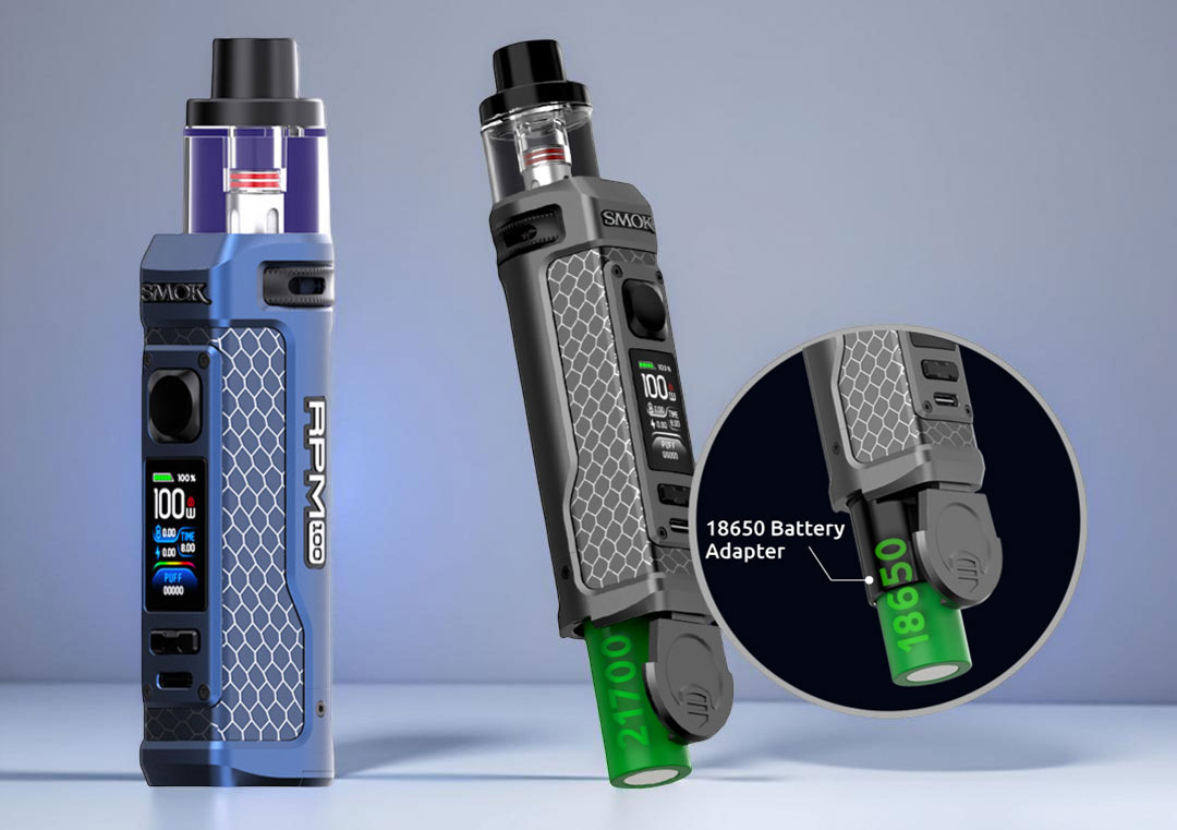 SMOK RPM 100 Pod System Kit, emphasizing its maximum 100W output and dual external battery compatibility (18650/21700)