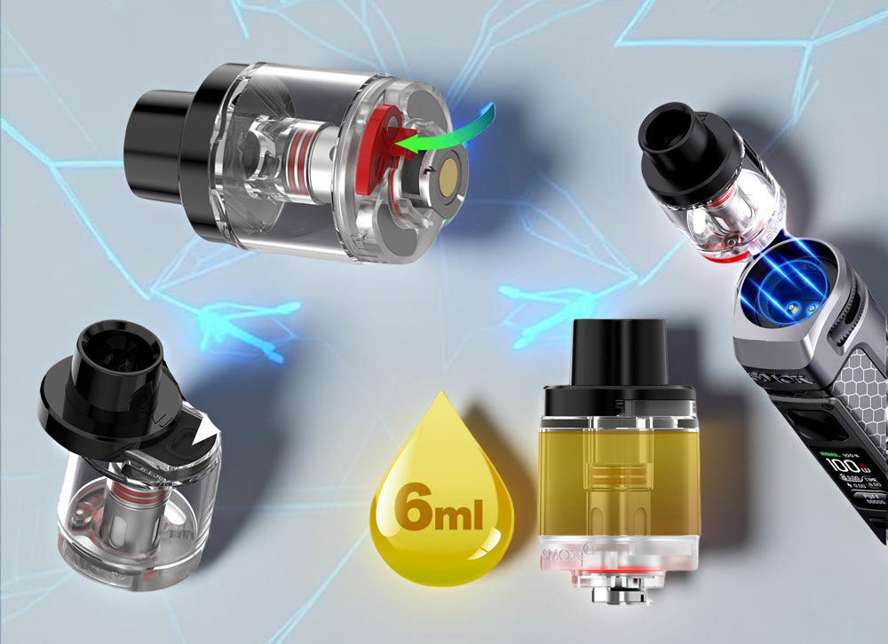 SMOK RPM 100 pod showing its 6ml e-liquid capacity, sliding top-fill method, and integrated child-lock security feature.