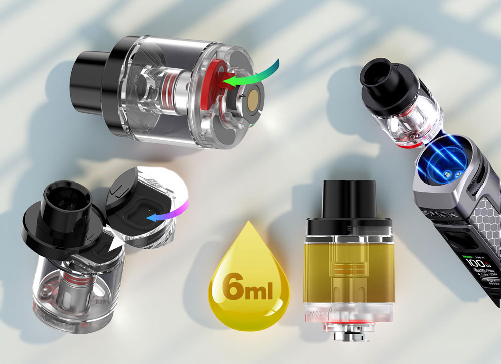 Close-up view of the SMOK RPM 85 pod, showing the clear 6ml capacity, the secure magnetic connection on the base, the child lock on the pod and the sliding top-fill mechanism.