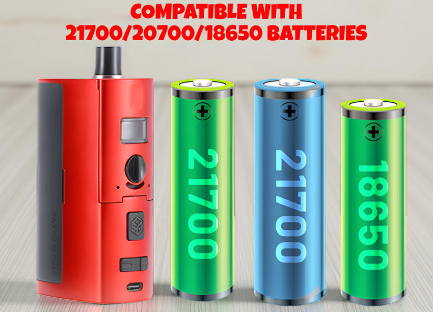 Image showcasing the three different compatible battery sizes—the powerful 21700, the 20700, and the 18650 (with adapter)—confirming the mod's versatility.