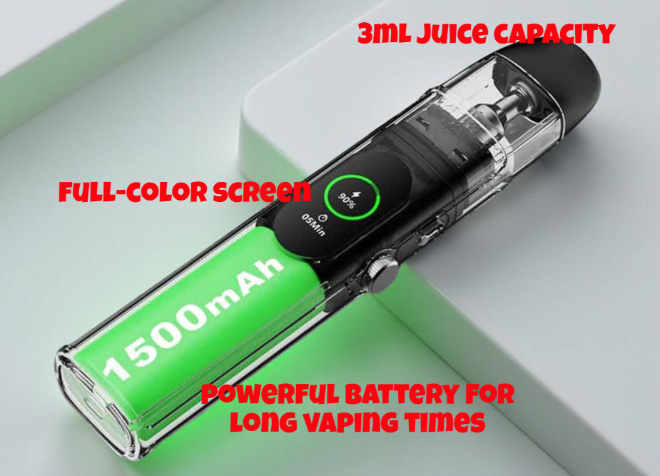 The Horizon Talons 3 Kit highlighting the intuitive, full-color screen for clear data display, the substantial 1500mAh integrated battery, and the generous 3ml e-liquid capacity.