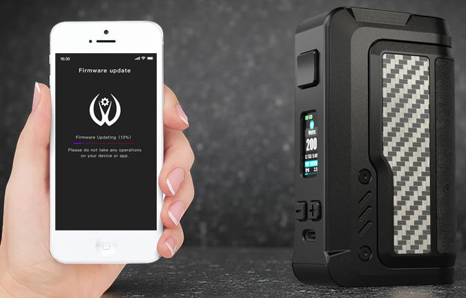 Vandy Vape Gaur-21 200W Mod demonstrating its Bluetooth connection features, including the VandyVape companion phone app for easy device location tracking and wireless firmware updates for long-term support