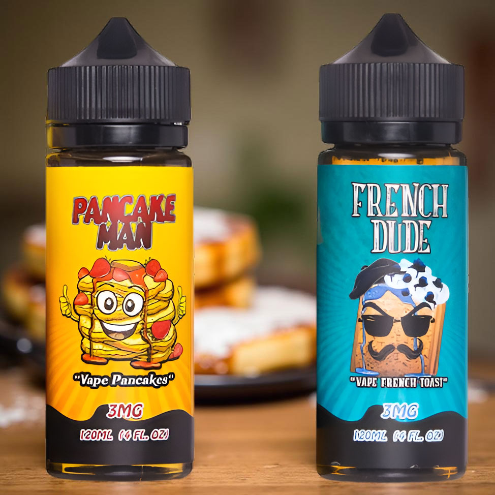 Vape Breakfast Classics e-liquids: French Dude and Pancake Man, two classic breakfast flavor profiles