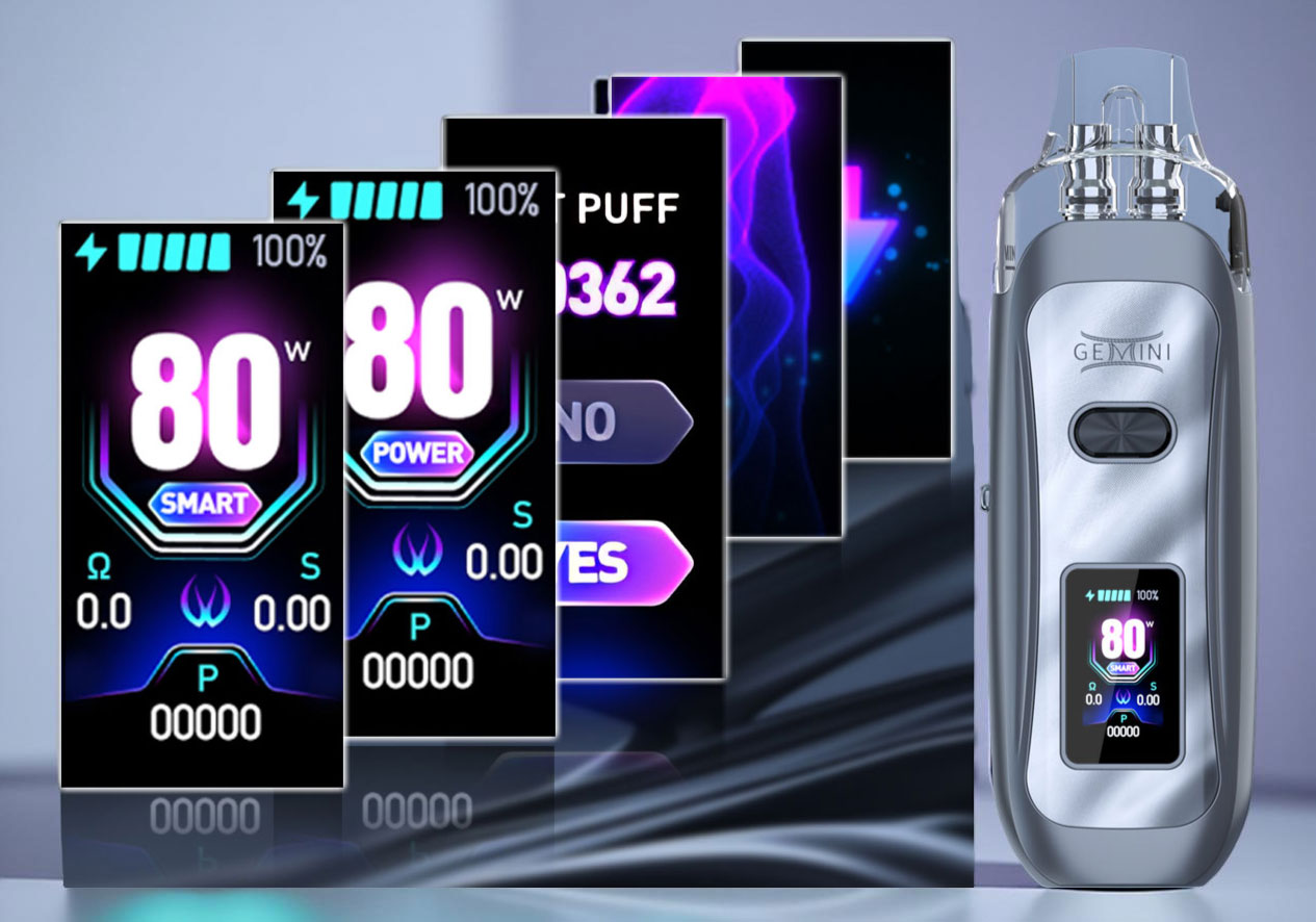 Vandy Vape Gemini Kit's front panel showing the bright 0.96-inch TFT color screen with dynamic graphical animations